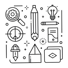 Creative process and design thinking icons representing idea generation research planning and execution in a stylized outline illustration