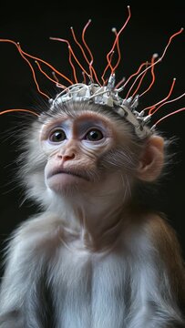 Monkey with neural device on head - capturing emotion and technology in animal research portrait, concept of animal research