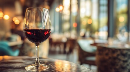Elegant glass of red wine on a wooden table in a restaurant with a blurred background and soft lighting