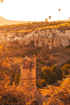 Colorful hot air balloon flying over Cappadocia, Turkey.