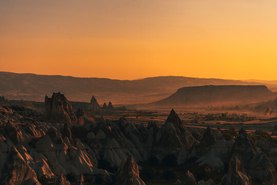 Aerial View of Fairy Chimneys in Love Valley Cappadocia at Golden Hour Sunset