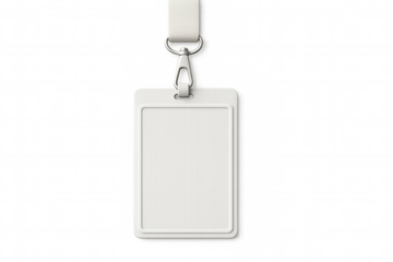 Vertical white blank badge with strap hanging on transparent background, ideal for mockups and presentations