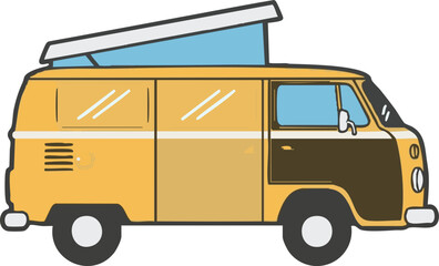 Retro Van Vector Illustration with Pop Up Roof Yellow and Brown Colors in a Cartoon Style