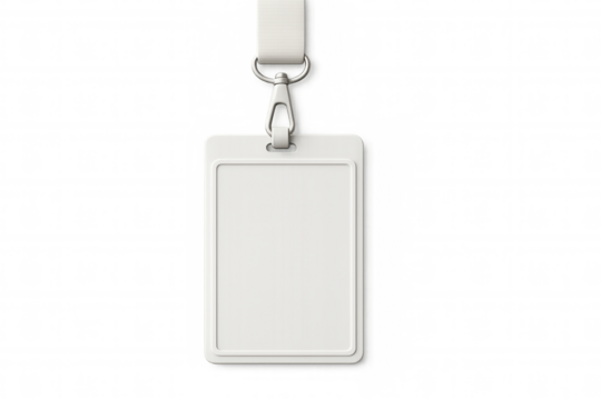 Vertical white blank badge with strap hanging on transparent background, ideal for mockups and presentations