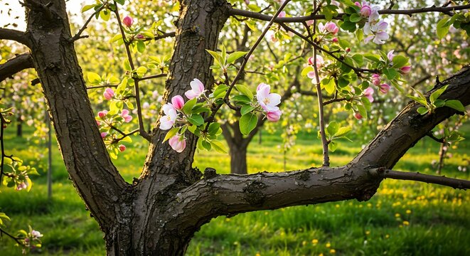 Blossoming Apple Tree in Orchard During Springtime.