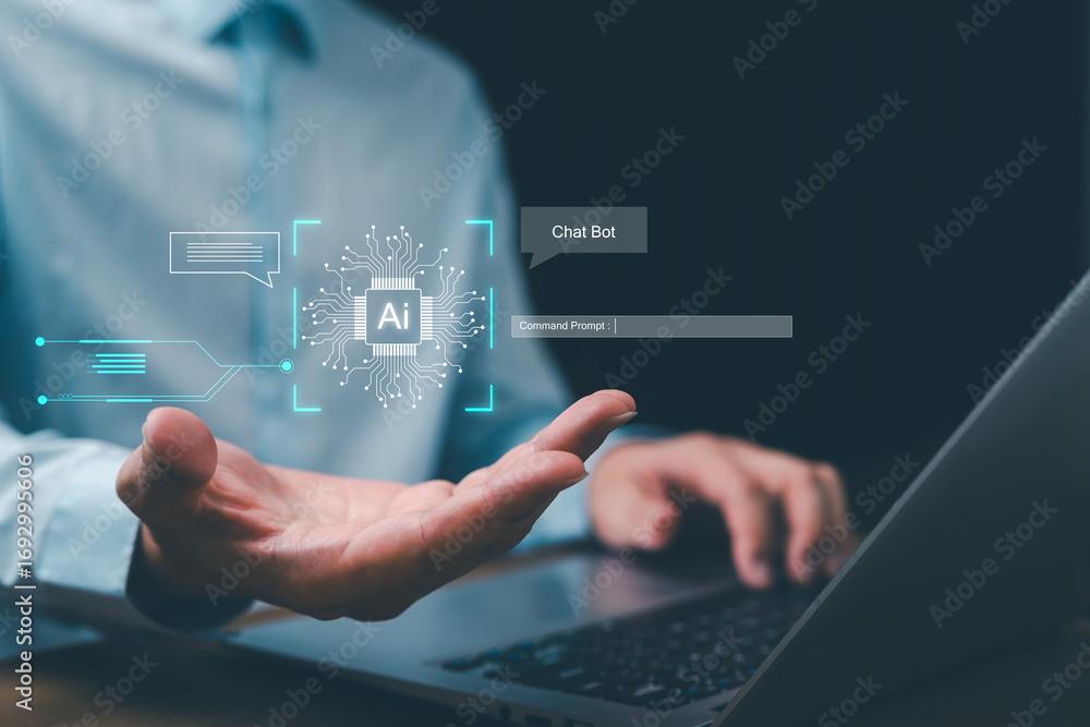 Poster businessman presenting ai chatbot hologram with digital circuit design. concept of artificial intell