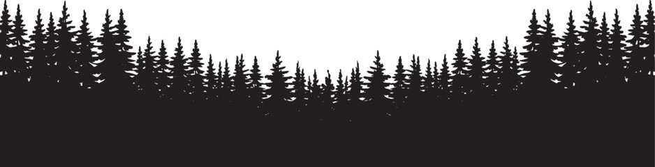 Obraz premium Silhouette of a dense forest of pine trees on a white background evergreen