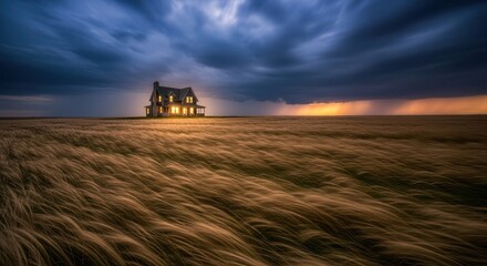 Fototapeta premium House in a Field Under Stormy Sky at Sunset