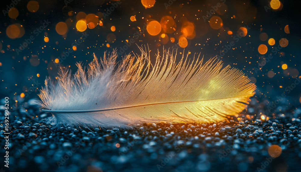 Poster glowing feather resting on textured surface with shimmering bokeh background