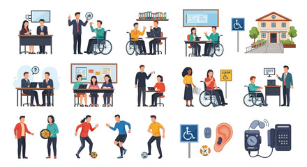 Diverse set of illustrations depicting people with disabilities in various daily life scenarios.