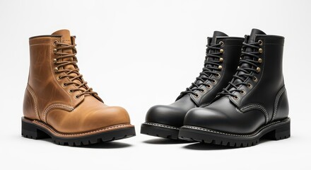 Leather Work Boots, Brown and Black, Isolated on White