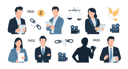 Diverse group of journalists and media professionals with press related icons.