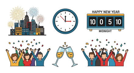 New Years Eve Celebration Elements with Fireworks, Clock, Countdown, and Cheering People.