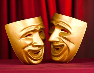 Two golden theatrical masks, comedy and tragedy, against a red curtain