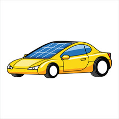 Yellow Solar Powered Electric Car Eco Friendly Vehicle Vector Illustration