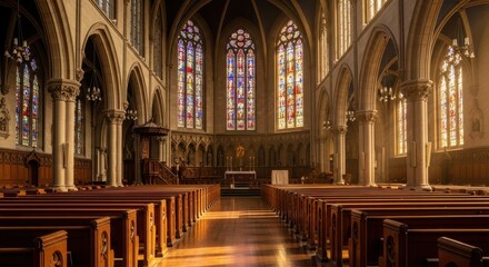 Obraz premium Stunning Church Interior with Stained Glass Windows and Wooden Pews