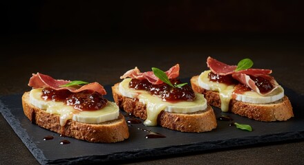 Delicious appetizer with creamy cheese fig jam and cured ham on toasted bread perfect snack or party food close up studio shot