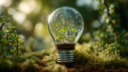 Creative concept of green plants growing inside a light bulb symbolizing sustainable innovation