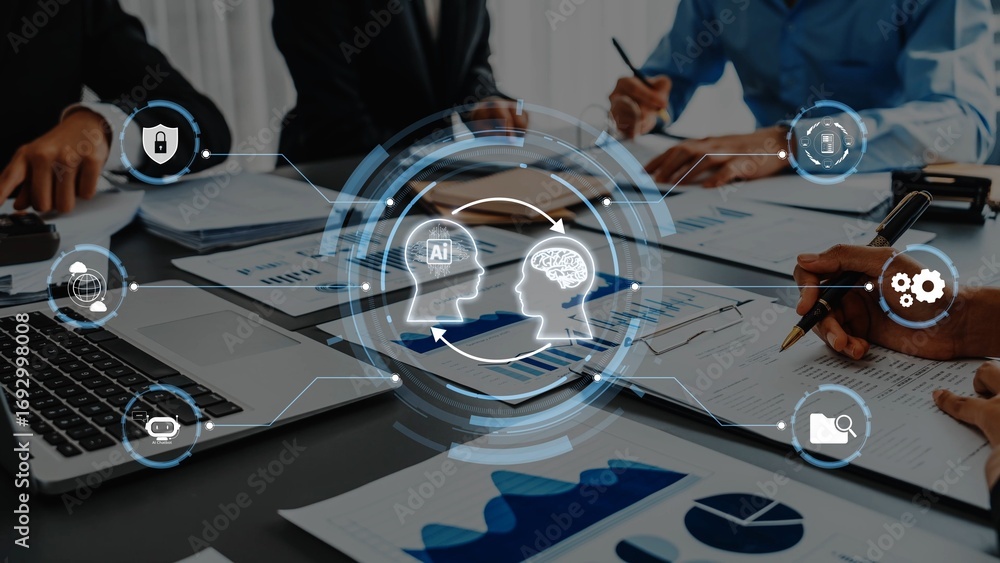 Poster dynamic business meeting scene showcasing collaboration, ai concepts, and data analysis. focus on in