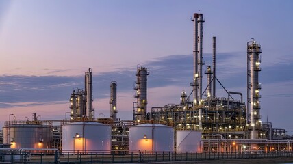 Petrochemical Plant at Dusk: A sprawling petrochemical plant glows with a complex network of pipes, tanks, and towers.