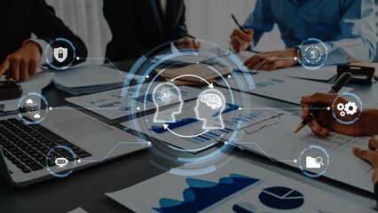 Dynamic business meeting scene showcasing collaboration, AI concepts, and data analysis. Focus on...
