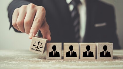 Fairness and Balance: A sophisticated image presents a businessperson carefully placing a block illustrating balance, signifying the importance of fairness in the workplace.