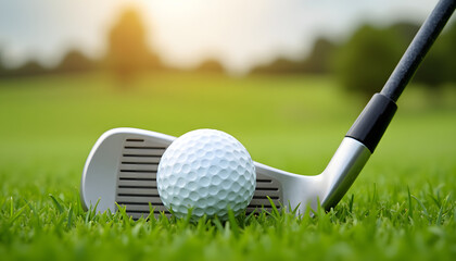 Golf ball and club on green grass