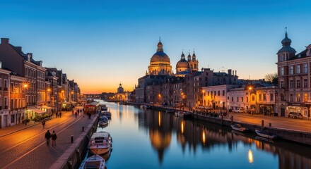 Fototapeta premium Sunset over City Canal with Illuminated Buildings and Boats