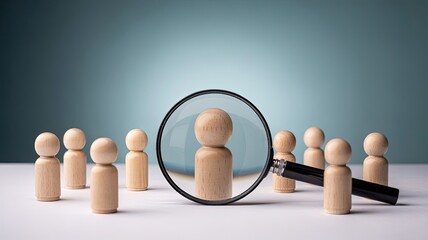Identifying the Ideal Candidate: A magnifying glass focuses on one unique wooden figure, symbolizing precision and clarity in the selection process.