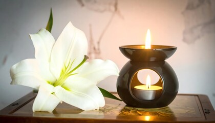 Calm, serene scene of a white lily and a burning oil burner