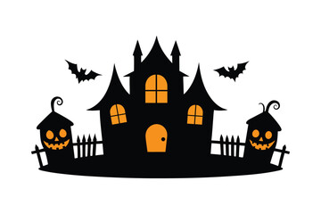 Haunted house silhouette with glowing windows, smiling and scary pumpkins, Halloween vector illustration