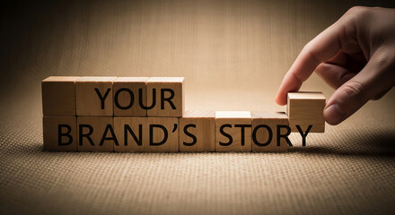Wooden cubes spelling "Your Brand's Story", hand placing final cube, burlap background, showcasing brand building concept