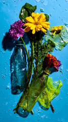 Flowers arranged in recycled plastic bottles, accompanied by spilled liquid and scattered plastic bags.