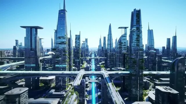 Panoramic View of a Futuristic Metropolis with Green Architecture