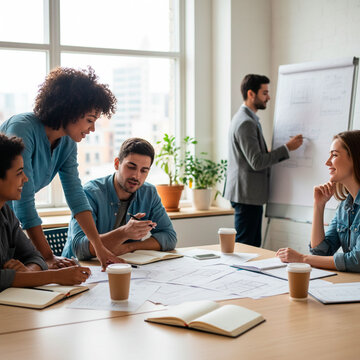 A diverse team actively collaborates around an office table with papers and coffee cups, engaged in discussion and pointing at documents, showing relaxed yet committed teamwork.

