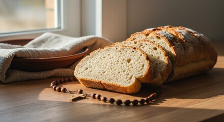 Sliced bread on wooden table beside bowl and rosary beads