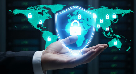 Hand holding glowing shield with lock icon over world map, symbolizing global cybersecurity protection and data safety