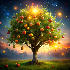 tree with glowing fruits floating in air magic
