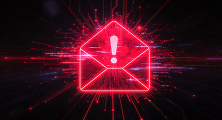 cybersecurity breach illustration, envelope with malware alert, glitch overlay, neon red glow on dark tech background