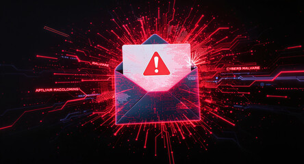 cybersecurity breach illustration, envelope with malware alert, glitch overlay, neon red glow on dark tech background