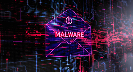 cybersecurity breach illustration, envelope with malware alert, glitch overlay, neon red glow on dark tech background