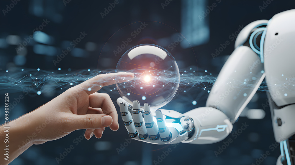 Aufkleber human and robot interaction: a hand and robotic arm are connected together with digital element, thi
