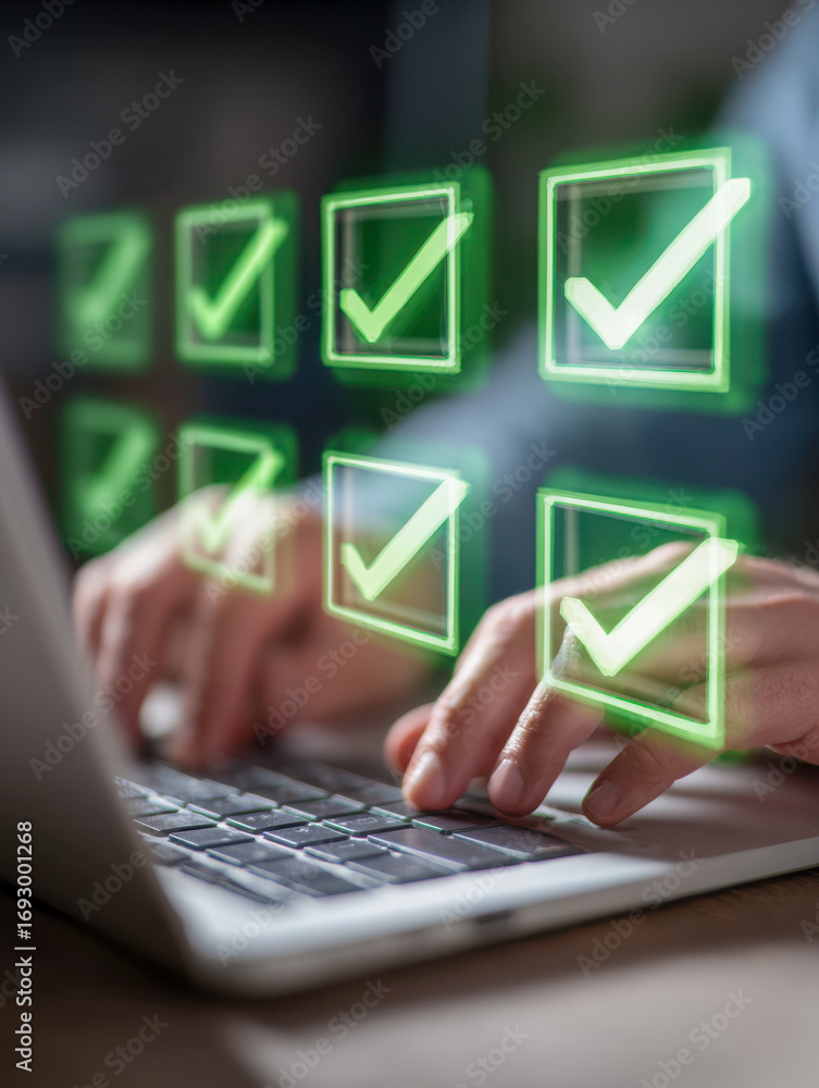 Poster close-up of hands typing on laptop keyboard with floating green digital checkmarks symbolizing task 