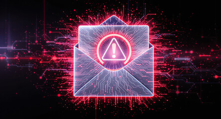 cybersecurity breach illustration, envelope with malware alert, glitch overlay, neon red glow on dark tech background