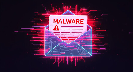 cybersecurity breach illustration, envelope with malware alert, glitch overlay, neon red glow on dark tech background