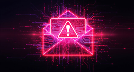 cybersecurity breach illustration, envelope with malware alert, glitch overlay, neon red glow on dark tech background