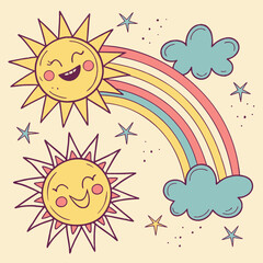Joyful suns and vibrant rainbow with playful clouds and stars, creating a cheerful and whimsical scene for children's designs