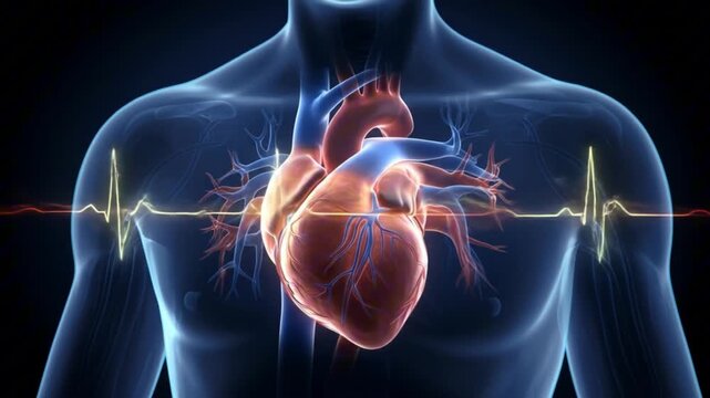 Anatomical rendering of a heart with veinsarteries overlaid on a translucent torso and a yellow heartbeat line - Powered by Adobe