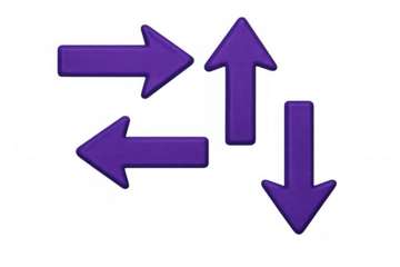 Purple 3d arrows pointing cardinal directions on transparent backdrop, representing navigation, selection, and movement choices