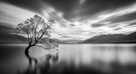 Serene Black and White Landscape: Lone Tree in Calm Lake
